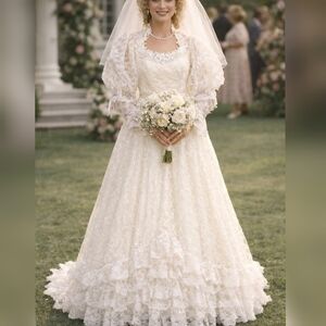 Bridallure Vintage 1980s Ivory Lace Southern Bell Wedding Dress sz 12